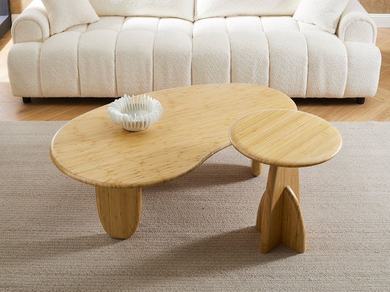 Zephyr Coffee Table by Greenington, showing zephyr coffee table with side table in live shot.