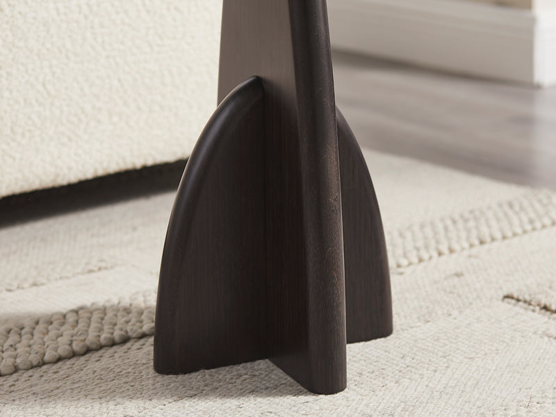 Zephyr Side Table by Greenington, showing closeup view of zephyr side table in live shot.