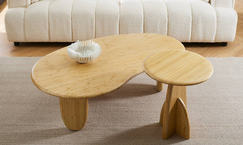 Zephyr Side Table by Greenington, showing zephyr side table with coffee table in live shot.
