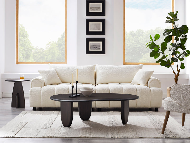 Zephyr Side Table by Greenington, showing zephyr side table with coffee table in live shot.