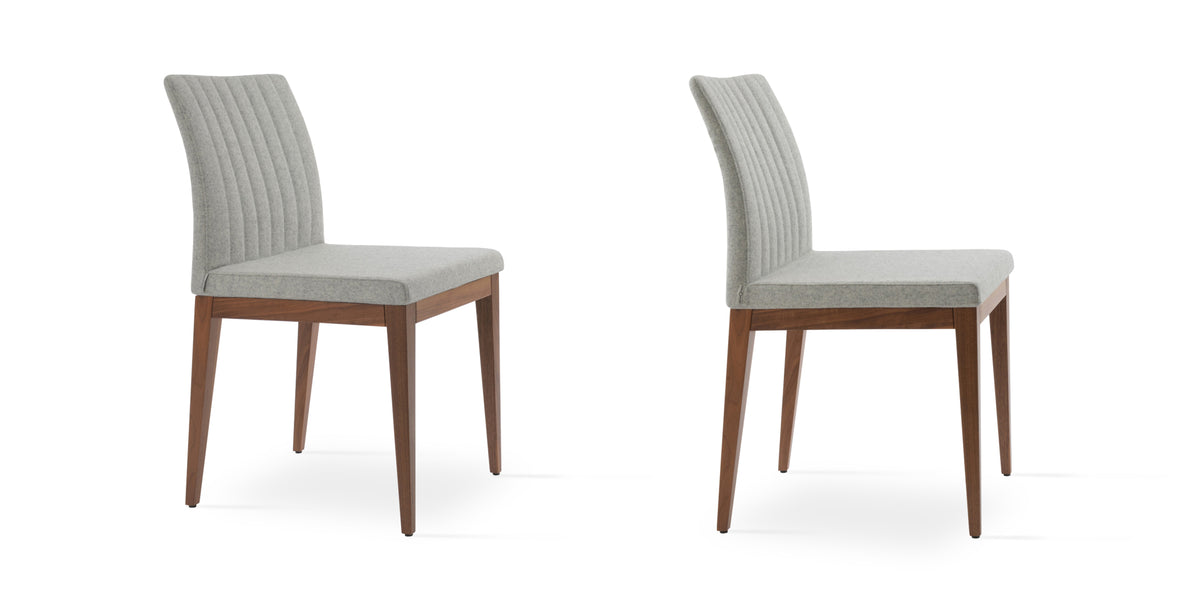 Zeyno Wood Chair by SohoConcept, showing different angle views of zeyno wood chair in original american walnut wood/camira blazer silver wool.