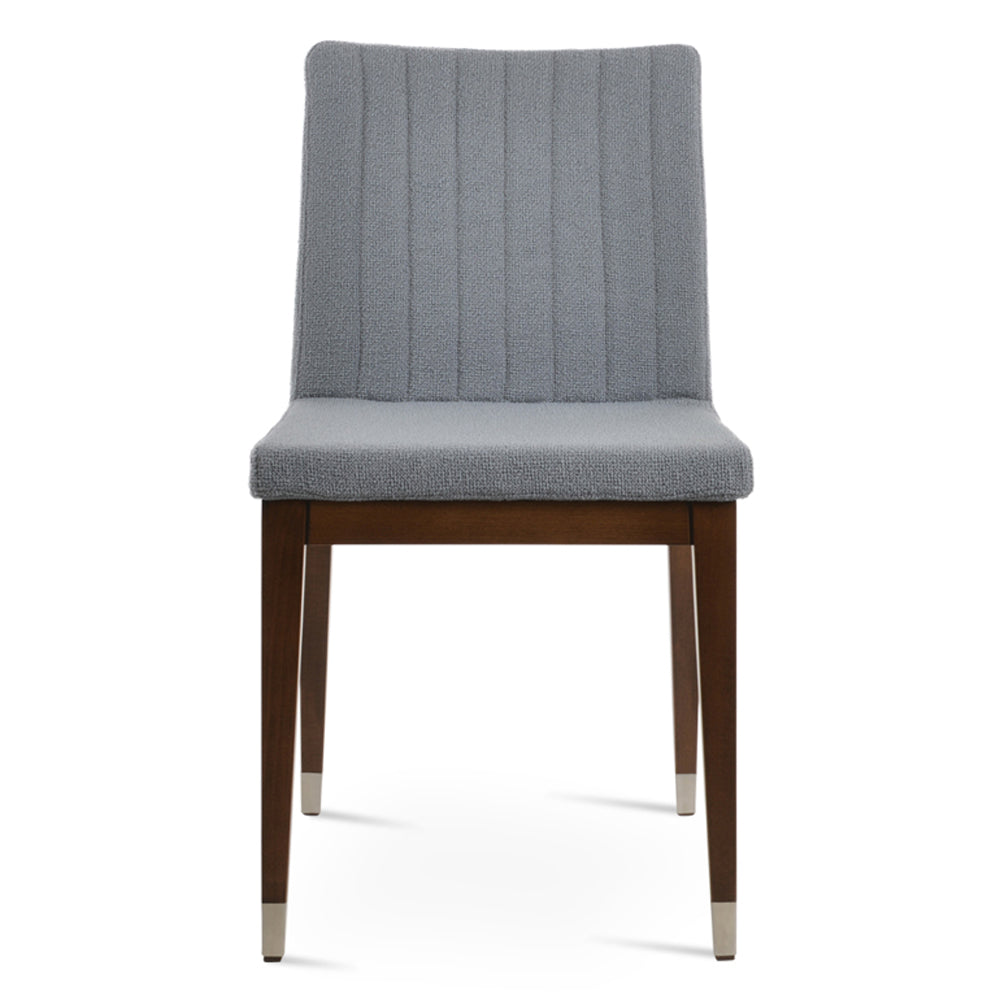 Zeyno Wood Chair by SohoConcept, showing front view of zeyno wood chair in Beech walnut wood with chrome ring/camira yoredale grey boucle fabric.