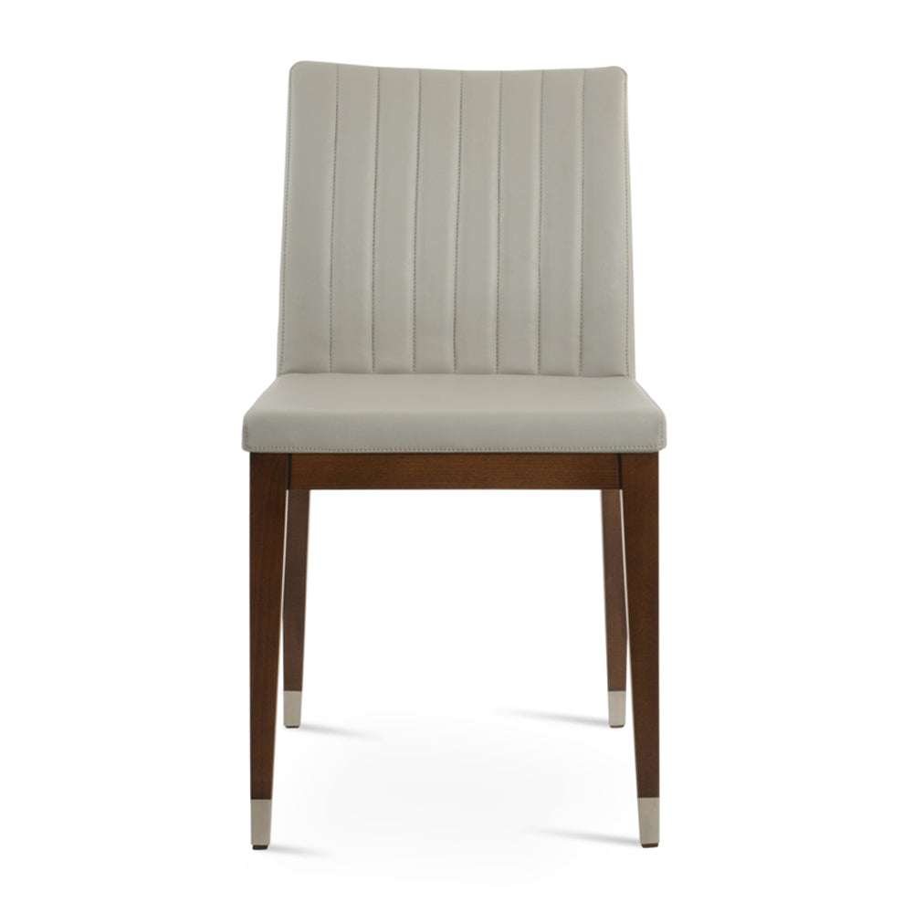 Zeyno Wood Chair by SohoConcept, showing front view of zeyno wood chair in Beech walnut wood with chrome ring/light grey leatherette.