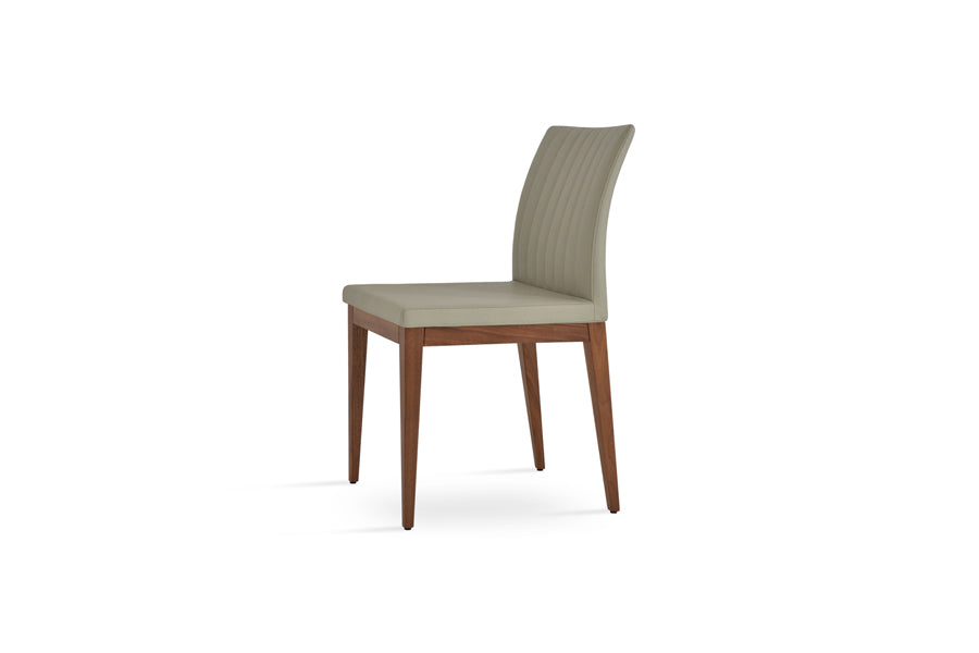 Zeyno Wood Chair by SohoConcept, showing different side/angle view of zeyno wood chair in original american walnut wood/light grey leatherette.