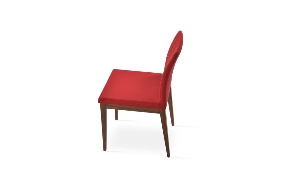 Zeyno Wood Chair by SohoConcept, showing different side view of zeyno wood chair in original american walnut wood/camira Era red fabric.