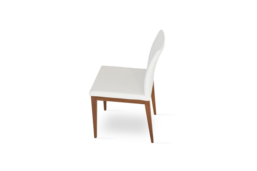 Zeyno Wood Chair by SohoConcept, showing different side view of zeyno wood chair in original american walnut wood/white leatherette.