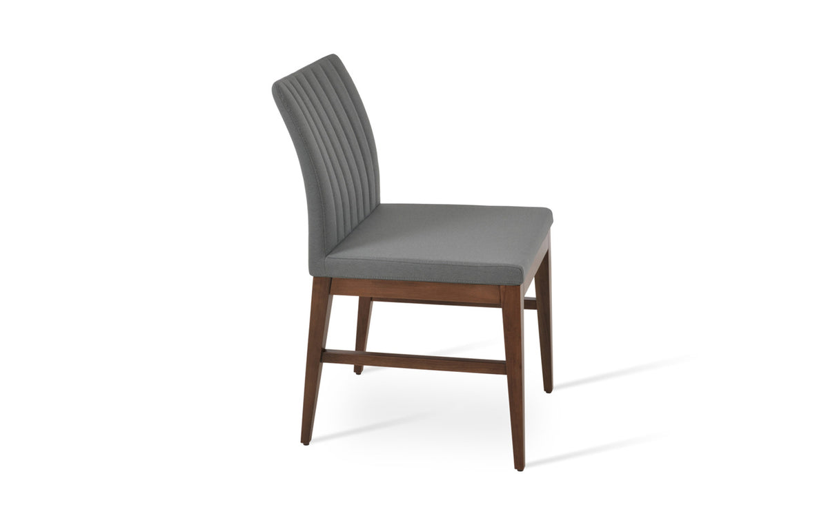 Zeyno Wood Chair by SohoConcept - Beech Walnut Wood with Side Stretchers, Camira Era Grey Fabric.