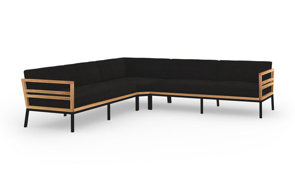 Zudu Oversized Corner Sofa by Mamagreen - Sand Category A, Coal Sunbrella Cushion/Smooth Sanded Recycled Teak Wood.