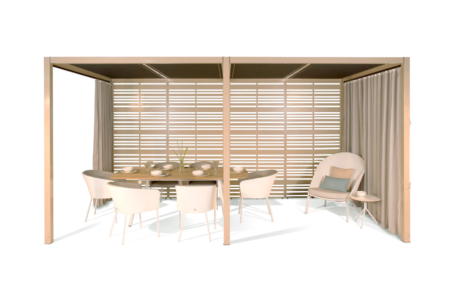 Zupy High Back Chair by Mamagreen, showing angle view of zupy high back chair in sand category a/white batyline lounge/taupe sunbrella cushion.