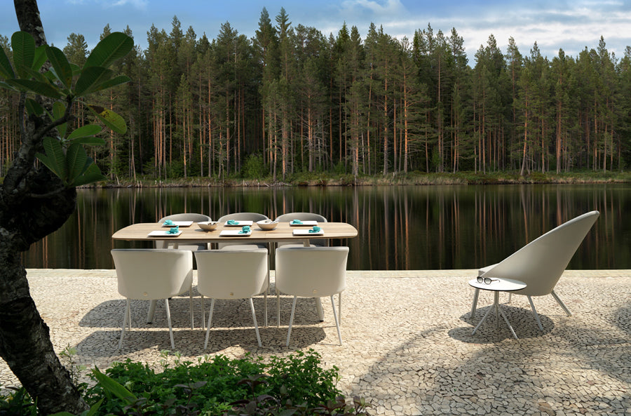 Zupy Teak Extension Table by Mamagreen, showing zupy teak extension table in live shot.