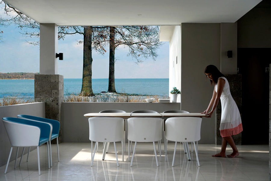 Zupy Teak Extension Table by Mamagreen, showing zupy teak extension table in live shot.
