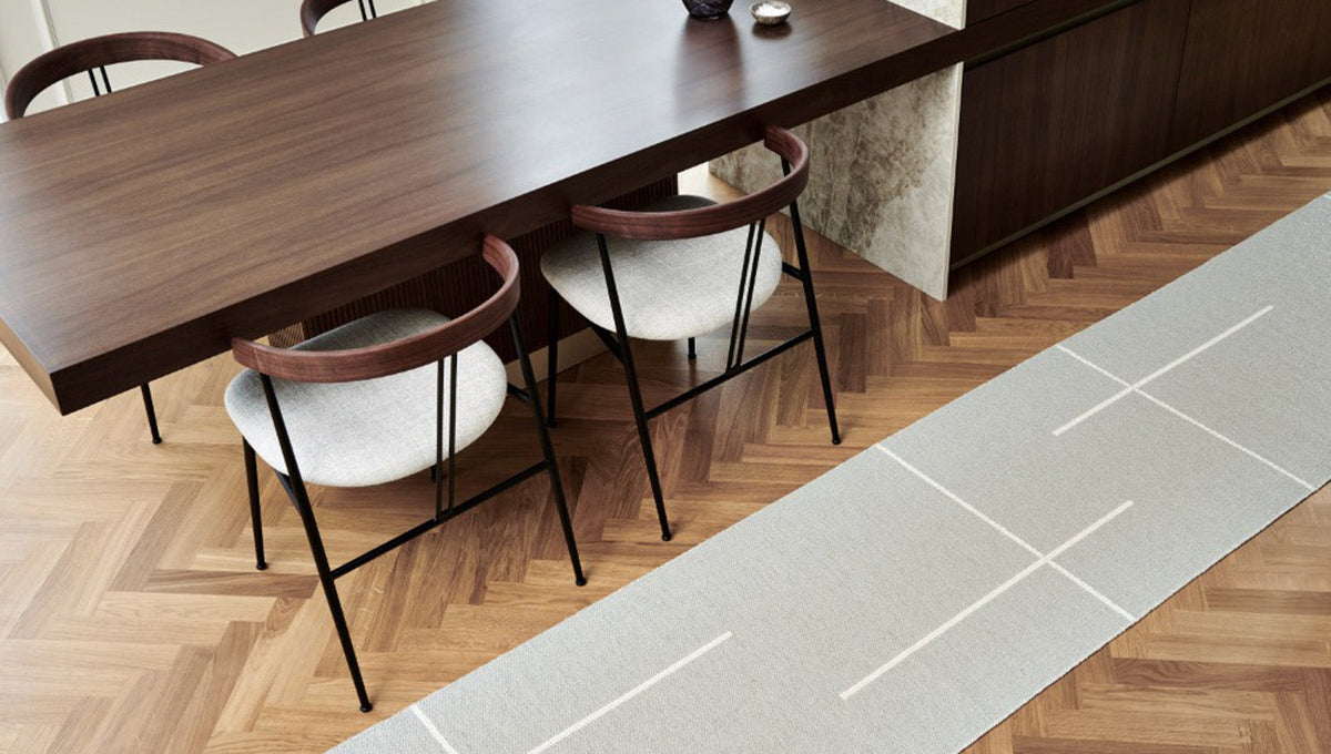 Fred Linen & Vanilla Runner Rug by Pappelina, showing fred linen & vanilla runner rug in live shot.