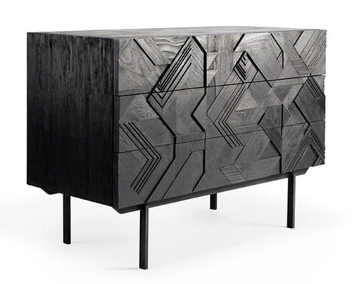 Graphic Teak Black Chest of Drawers by Ethnicraft, showing angle view of teak black chest of drawers.