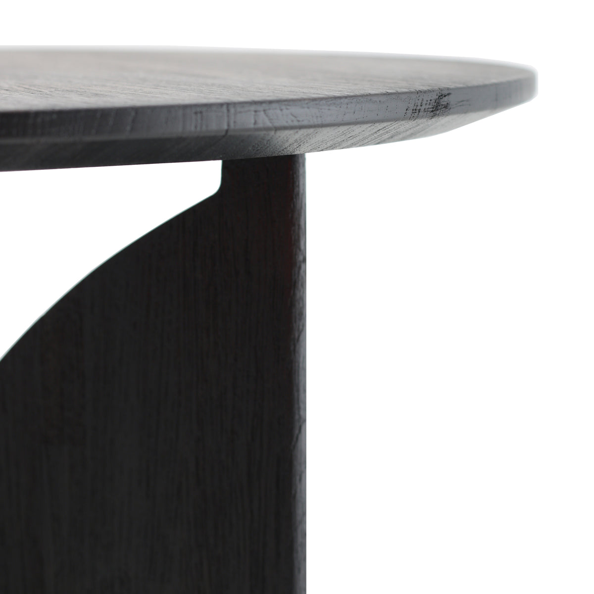 Fin Teak Black Varnished Side Table by Ethnicraft, showing closeup view of teak black varnished side table in live shot.