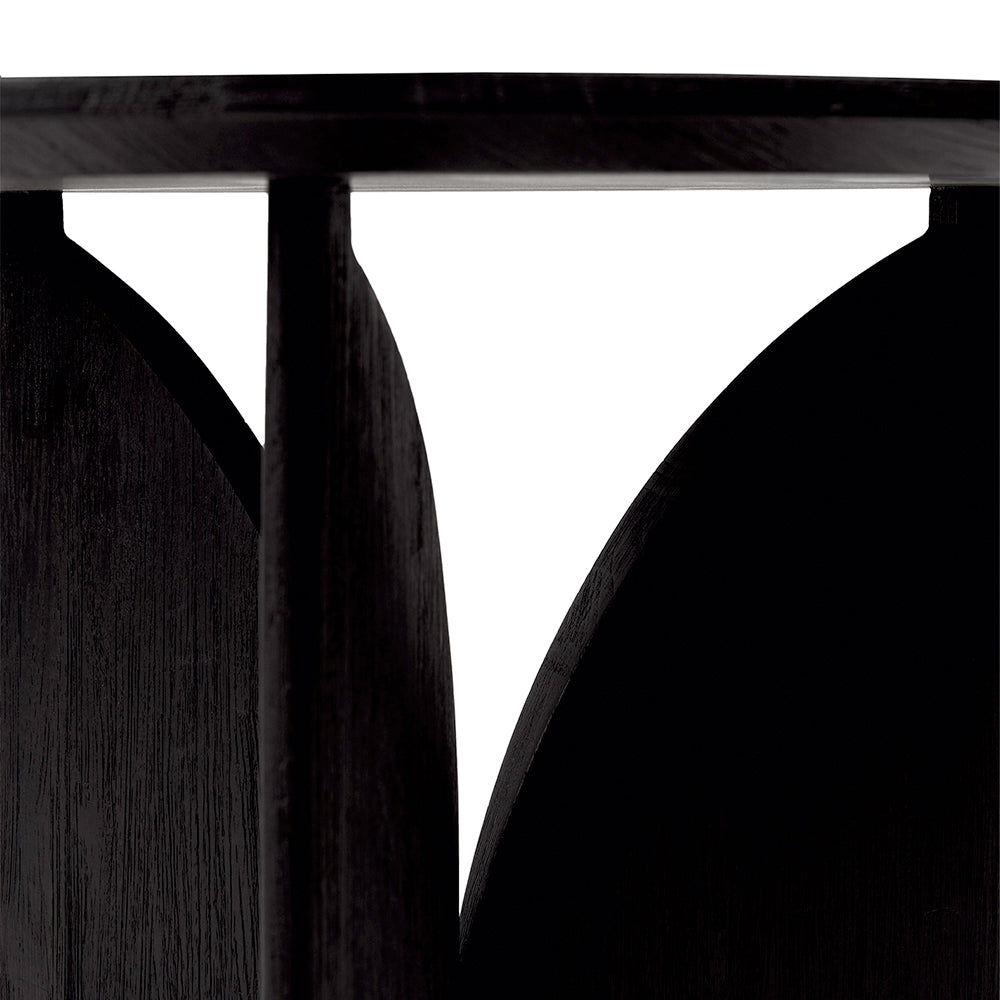 Fin Teak Black Varnished Side Table by Ethnicraft, showing closeup view of teak black varnished side table in live shot.