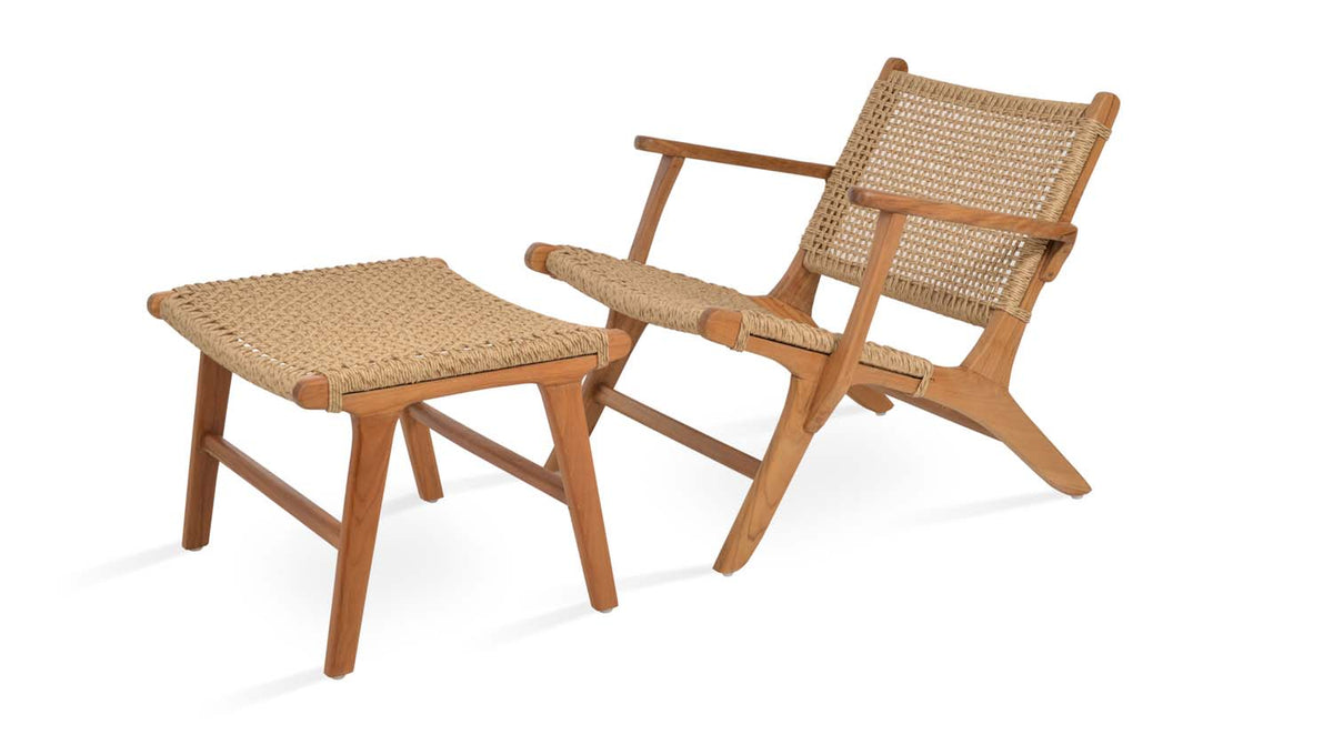 Calava Teak Ottoman by SohoConcept, showing calava teak ottoman with chair.