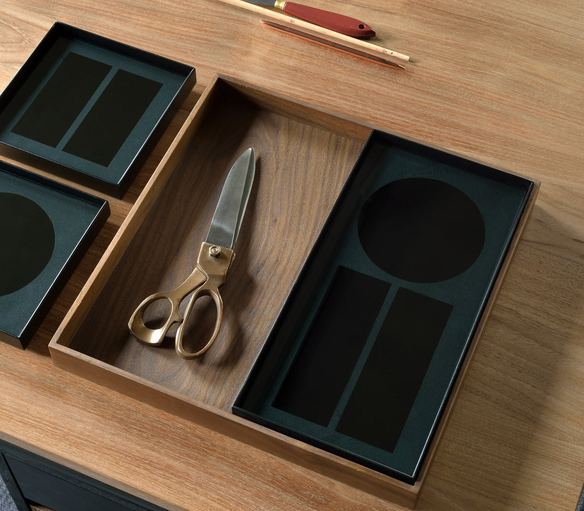 Charcoal Desk Organiser with Walnut Holder by Ethnicraft, showing top view of desk organiser with walnut holder in live shot.