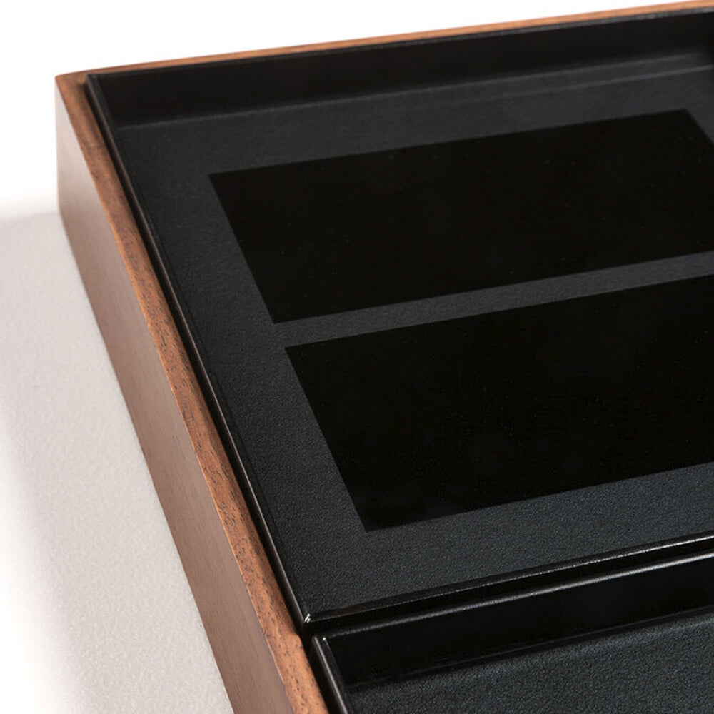 Charcoal Desk Organiser with Walnut Holder by Ethnicraft, showing closeup view of desk organiser with walnut holder.