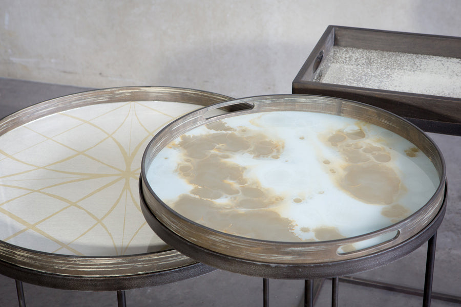Tray Side Table by Ethnicraft, showing closeup view of tray side table sets in live shot.