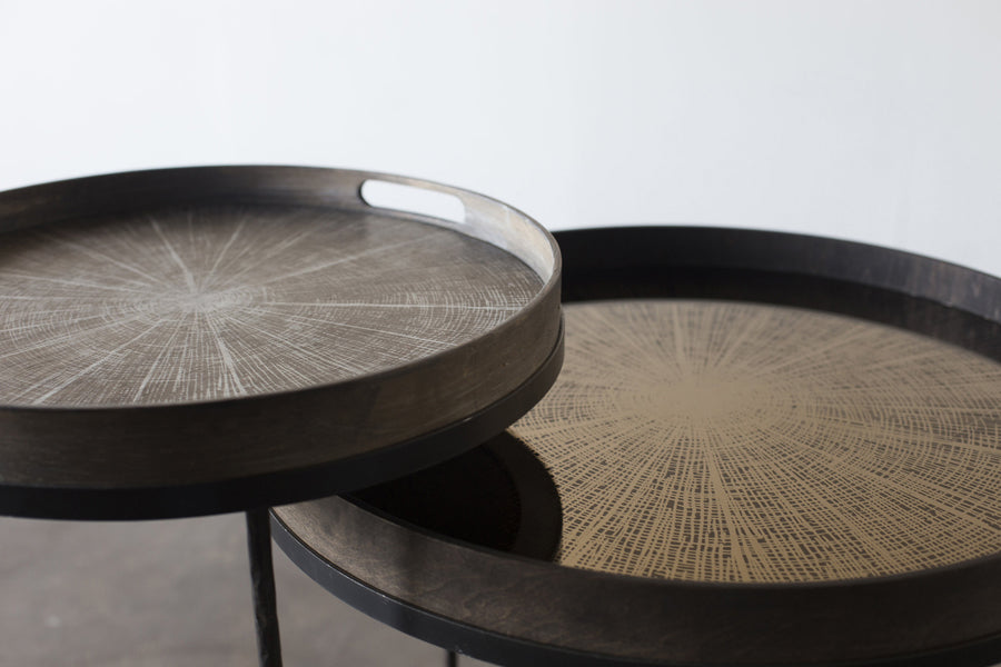 Tray Side Table by Ethnicraft, showing closeup view of tray side table sets in live shot.