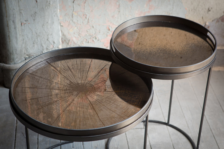 Tray Side Table by Ethnicraft, showing closeup view of tray side table sets in live shot.