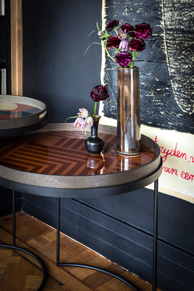 Tray Side Table by Ethnicraft, showing closeup view of tray side table set in live shot.