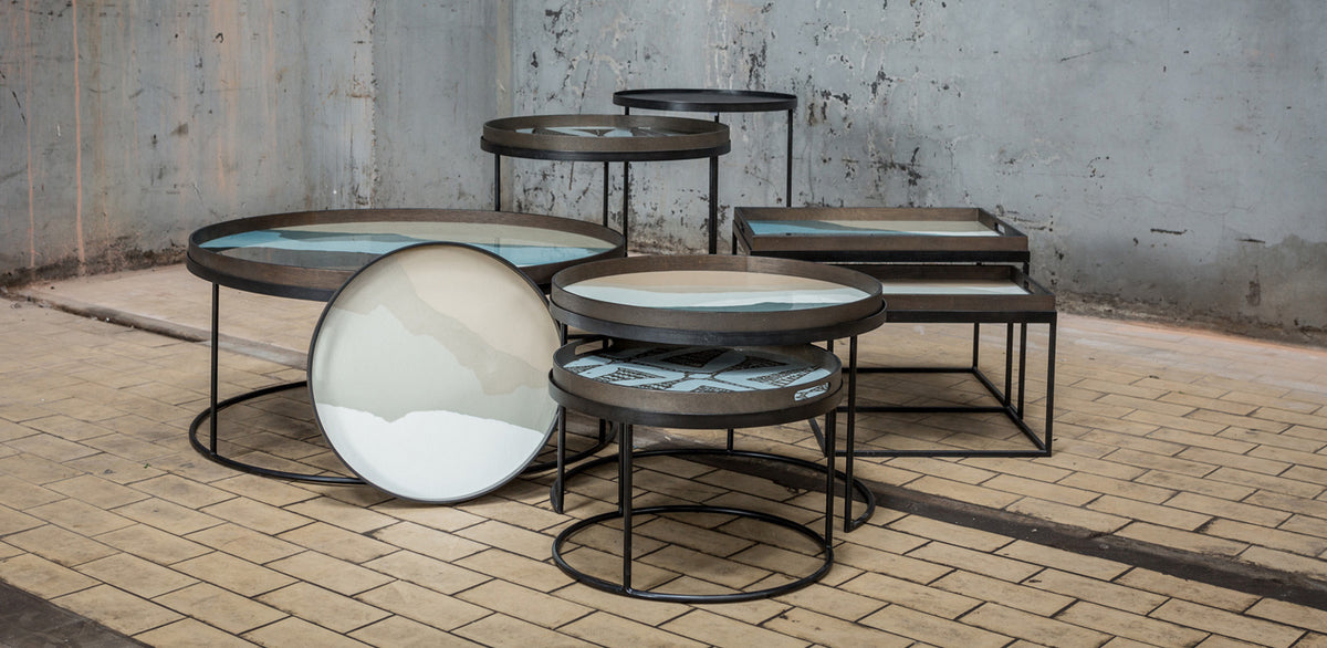 Tray Side Table by Ethnicraft, showing tray side table sets in live shot.