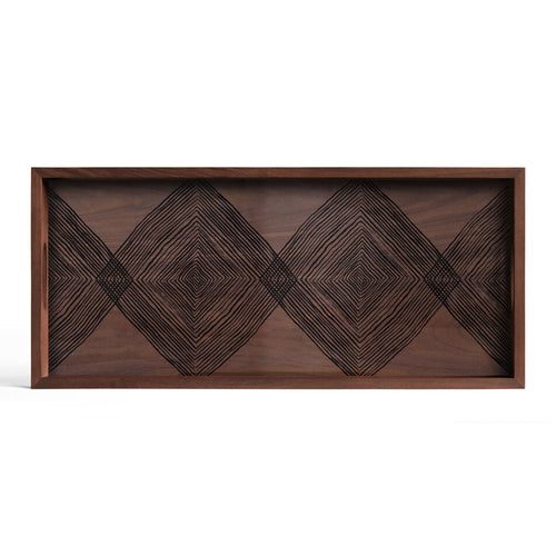 Walnut Linear Squares Glass Rectangular Tray by Ethnicraft, showing top view of linear squares glass rectangular tray.