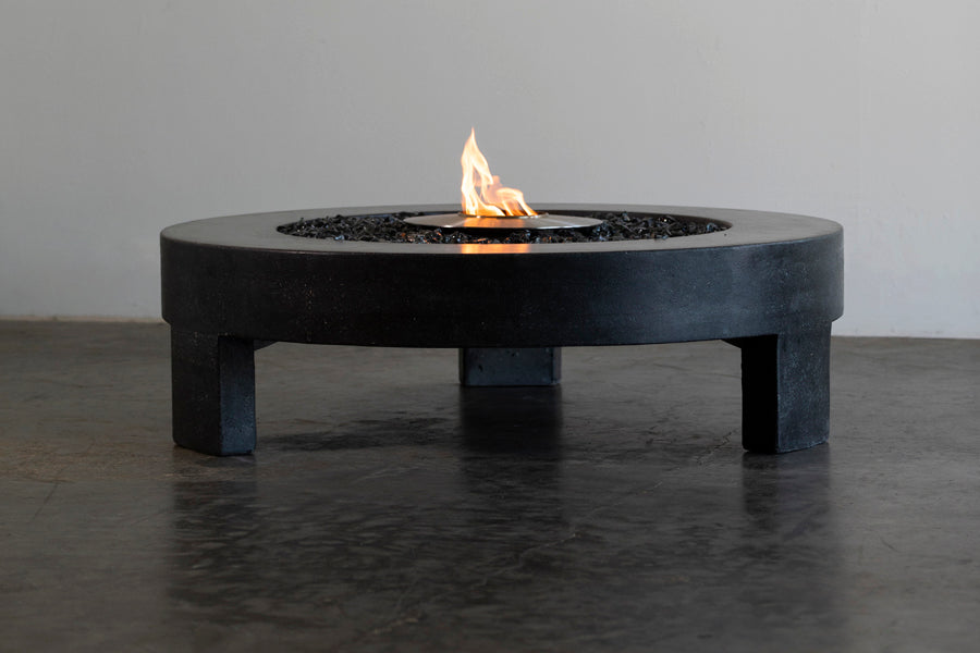 James De Wulf 3-Legged Fire Table by De Wulf, showing front view of 3-legged fire table.