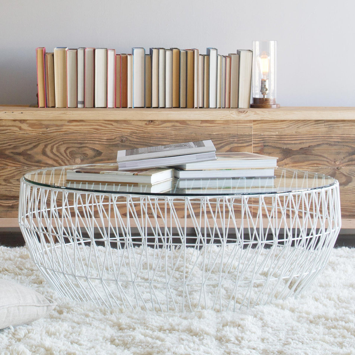 36" Coffee Table with Glass Top by Bend, showing 36" coffee table in live shot.