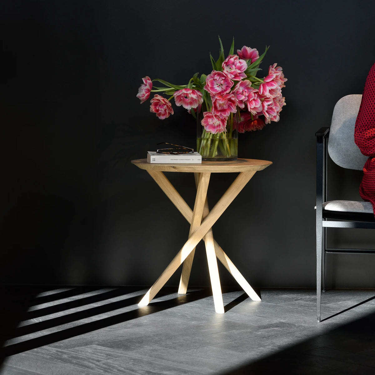 Mikado Side Table by Ethnicraft, showing front view of side table in the live shot.