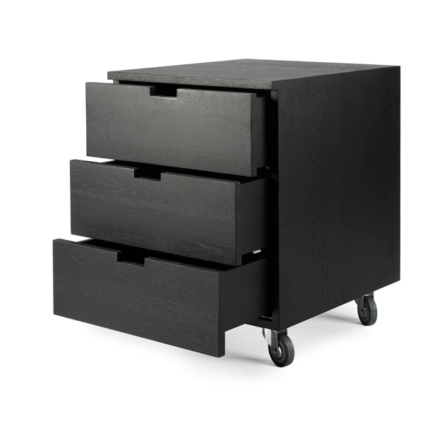 Billy Drawer Unit by Ethnicraft, showing anlge view of black oak drawer unit (open drawers).
