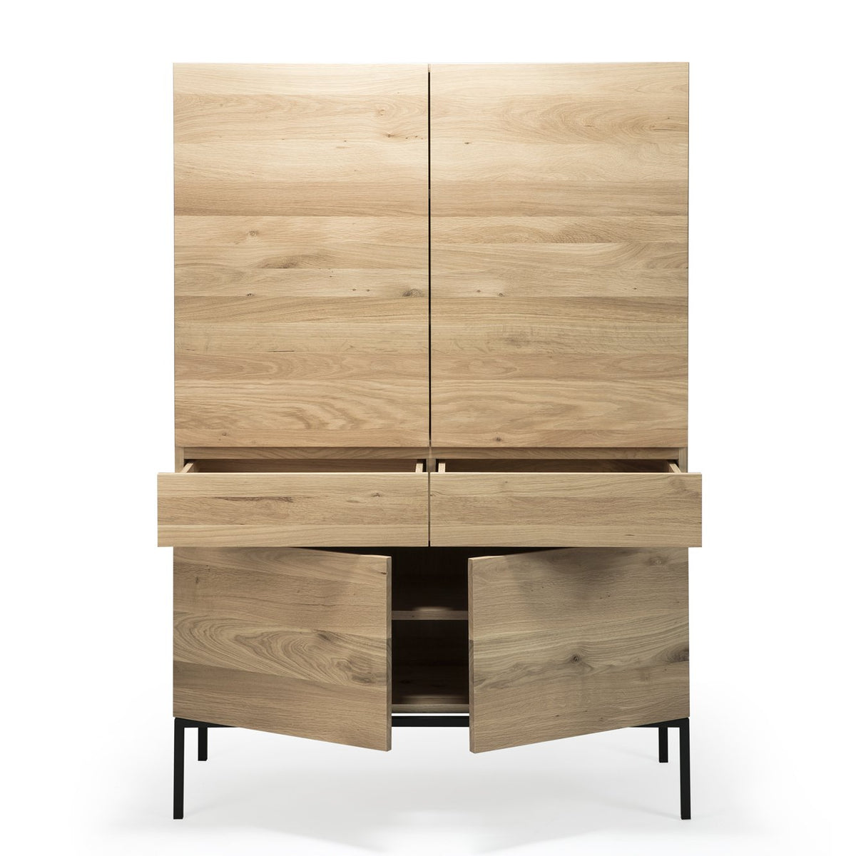 Ligna Black Frame Storage Cupboard - 4 Doors & 2 Drawers by Ethnicraft, showing front half open view of black frame storage cupboard - 4 doors & 2 drawers.