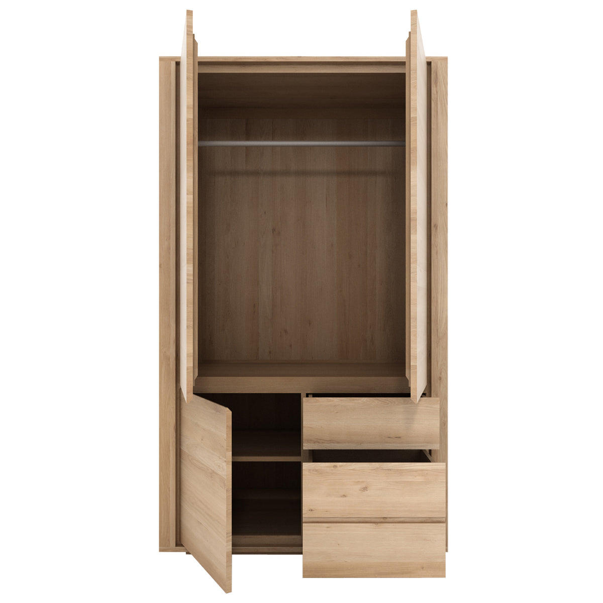 Shadow Dresser by Ethnicraft, showing front view (open) of oak dresser.