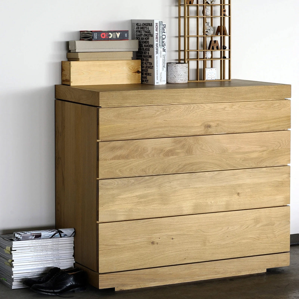 Burger Oak Chest of Drawers by Ethnicraft, showing front view chest of drawers in the live shot.