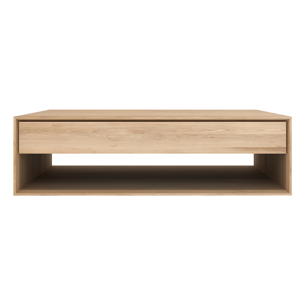 Nordic Coffee Table by Ethnicraft, showing front view of oak coffee table - 47" in live shot.