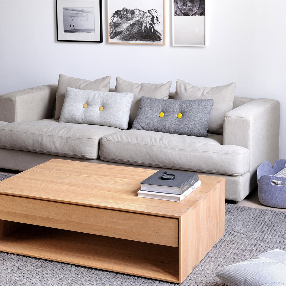 Nordic Coffee Table by Ethnicraft, showing angle view of oak coffee table - 47" in live shot.