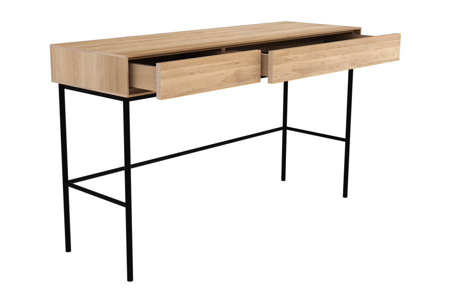 Whitebird Desk by Ethnicraft, showing angle view (open drawers) of oak desk - 2 drawers.
