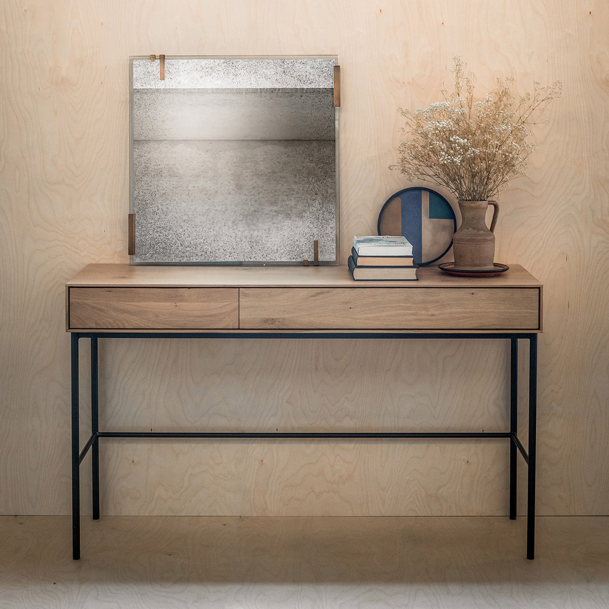 Whitebird Desk by Ethnicraft, showing front view of oak desk - 2 drawers.
