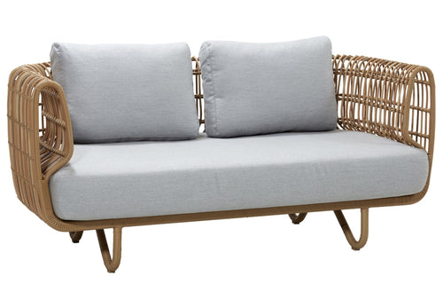 Nest Outdoor Sofa by Cane-Line - 2-Seater, Natural Frame/Light Grey Cushion.