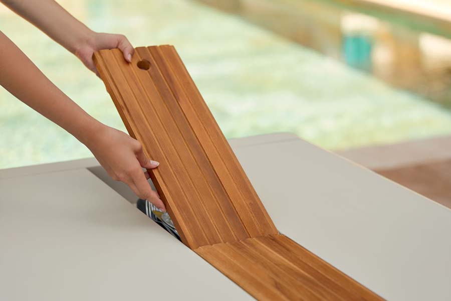 Bellevie Table with Storage by Fermob, showing closeup view of bellevie table with storage in live shot.