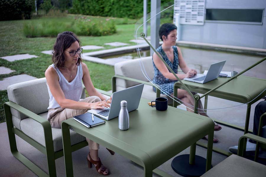 Bellevie Mid Height Table by Fermob, showing bellevie mid height table in live shot.