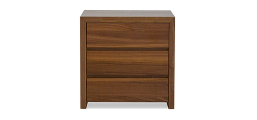 Blanche Night Table by Mobital, showing front view of blanche night table in 3-drawers/walnut veneer.