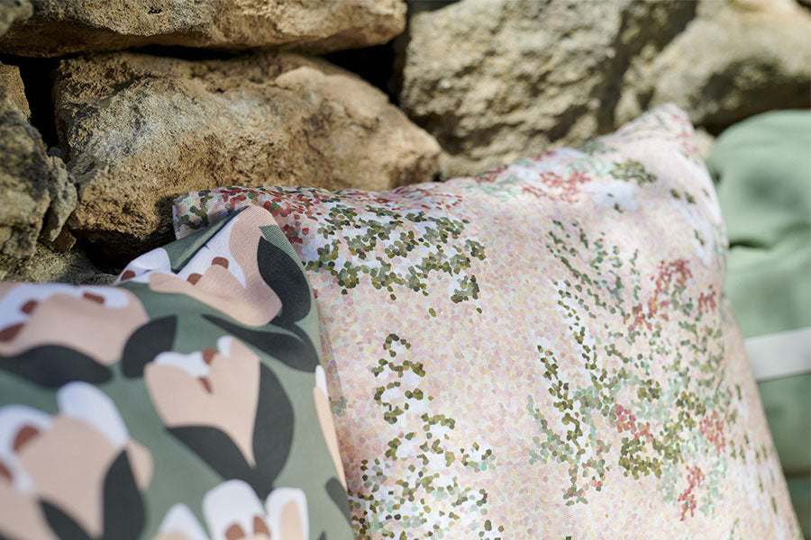 Bouquet Sauvage Pixels Outdoor Cushion by Fermob, showing bouquet sauvage pixels outdoor cushion in live shot.