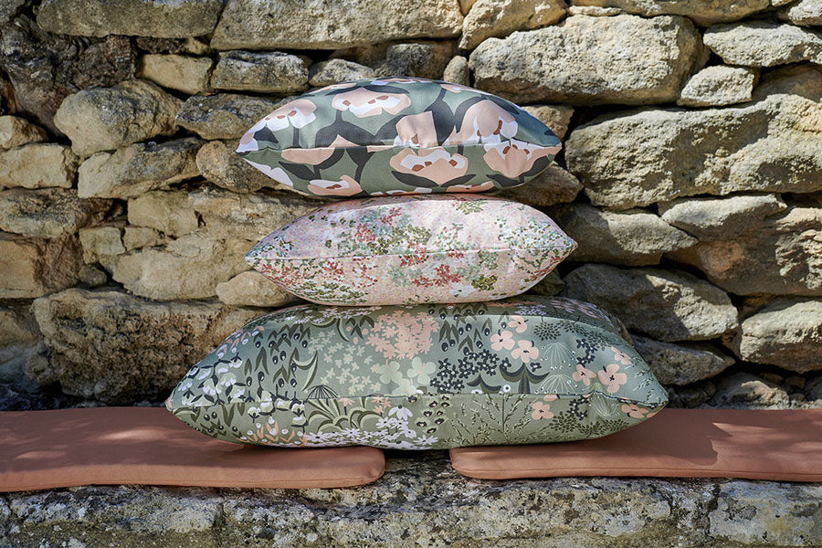 Bouquet Sauvage Pixels Outdoor Cushion by Fermob, showing bouquet sauvage pixels outdoor cushion in live shot.