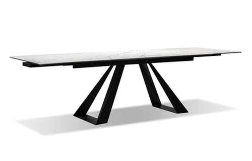 Bridge Extending Dining Table by Mobital - White Carrera Ceramic/Black Powder Coated Base.