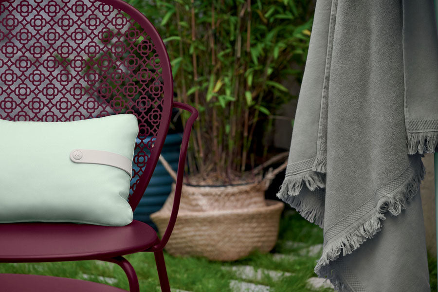 Color Mix Fouta Towel by Fermob, showing color mix fouta towel in live shot.