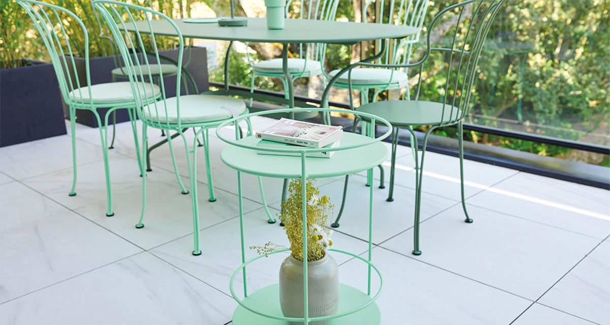 Color Mix Round Outdoor Cushion by Fermob, showing color mix round outdoor cushion in live shot.