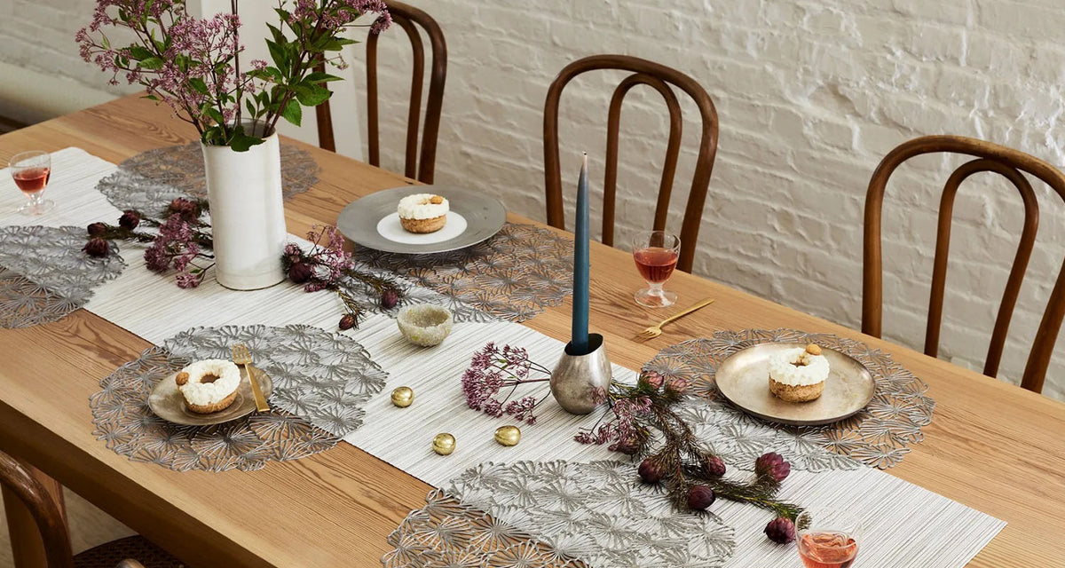 Daisy Round Placemats by Chilewich, showing daisy round placemats in live shot.