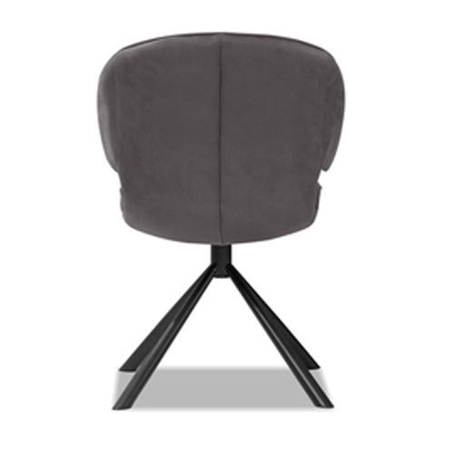 Hugo Swivel Dining Chair by Mobital, showing back view of hugo swivel dining chair in pewter ultra suede return swivel/black powder coated legs.